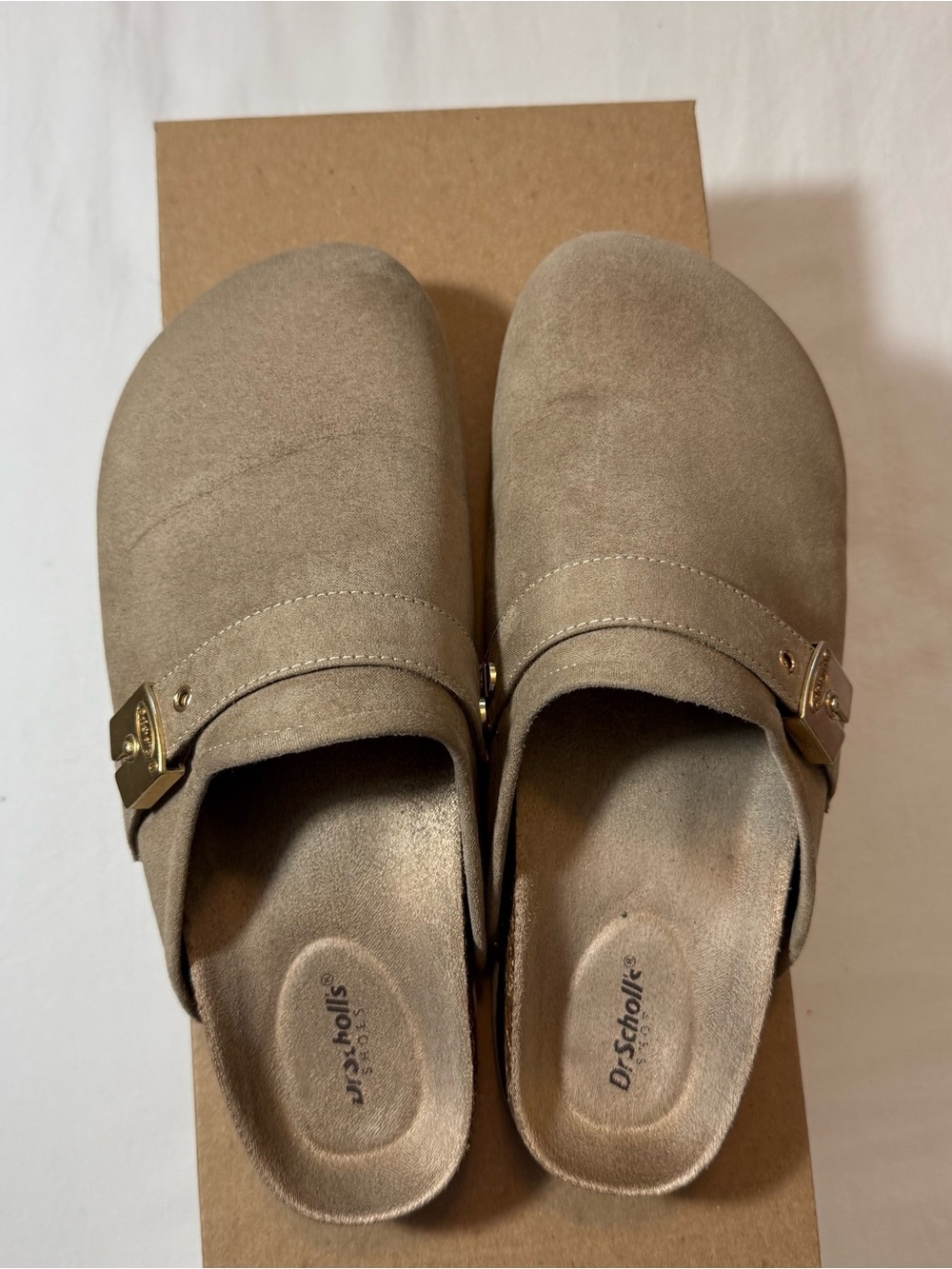 Dr. Scholl’s Original Taupe Suede Buckle Clog Sandals Sz 7